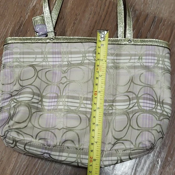 COACH Metallic Gold Plaid Monogram Logo Mini Handbag Luxury Formal Occassion - Picture 10 of 11